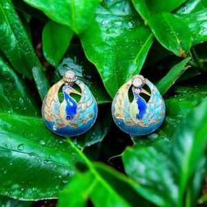Blue Enamel Peacock Drop Earrings with Gold Accents